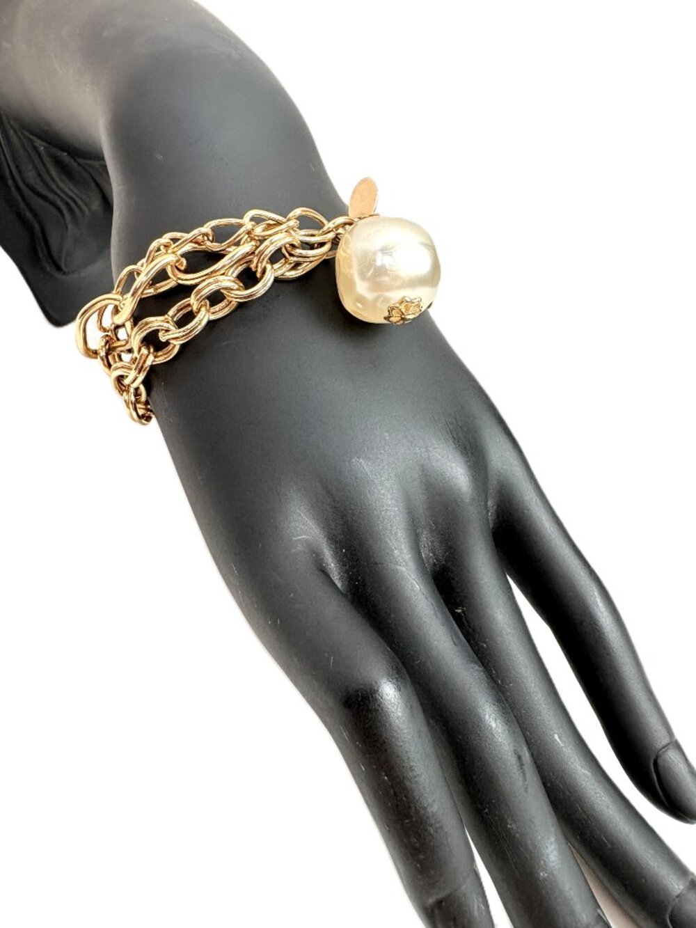 Vintage Park Lane Gold Tone Multi Strand Chain Pearl Charm Toggle Bracelet